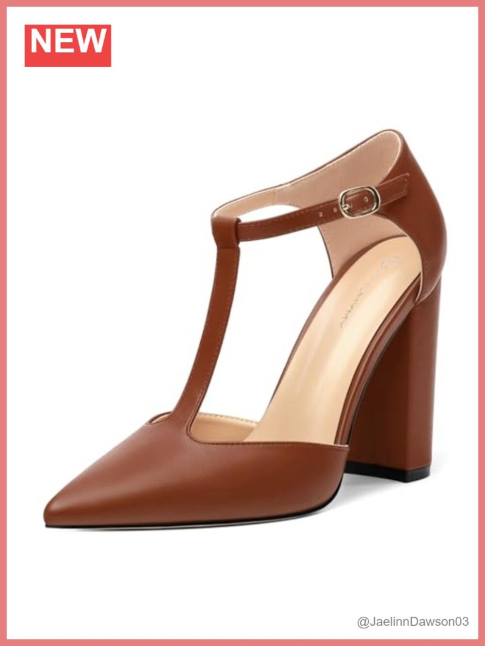 Women's T-Strap Pointed Toe High Heel Chunky Pumps Dress Shoes Faux Leather
